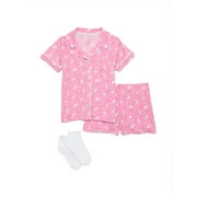 CATHERINE MALANDRINO Girls Ribbed Short Sleeve Top, Shorts and Socks Pajama Set, 3-Piece, Sizes 5-16