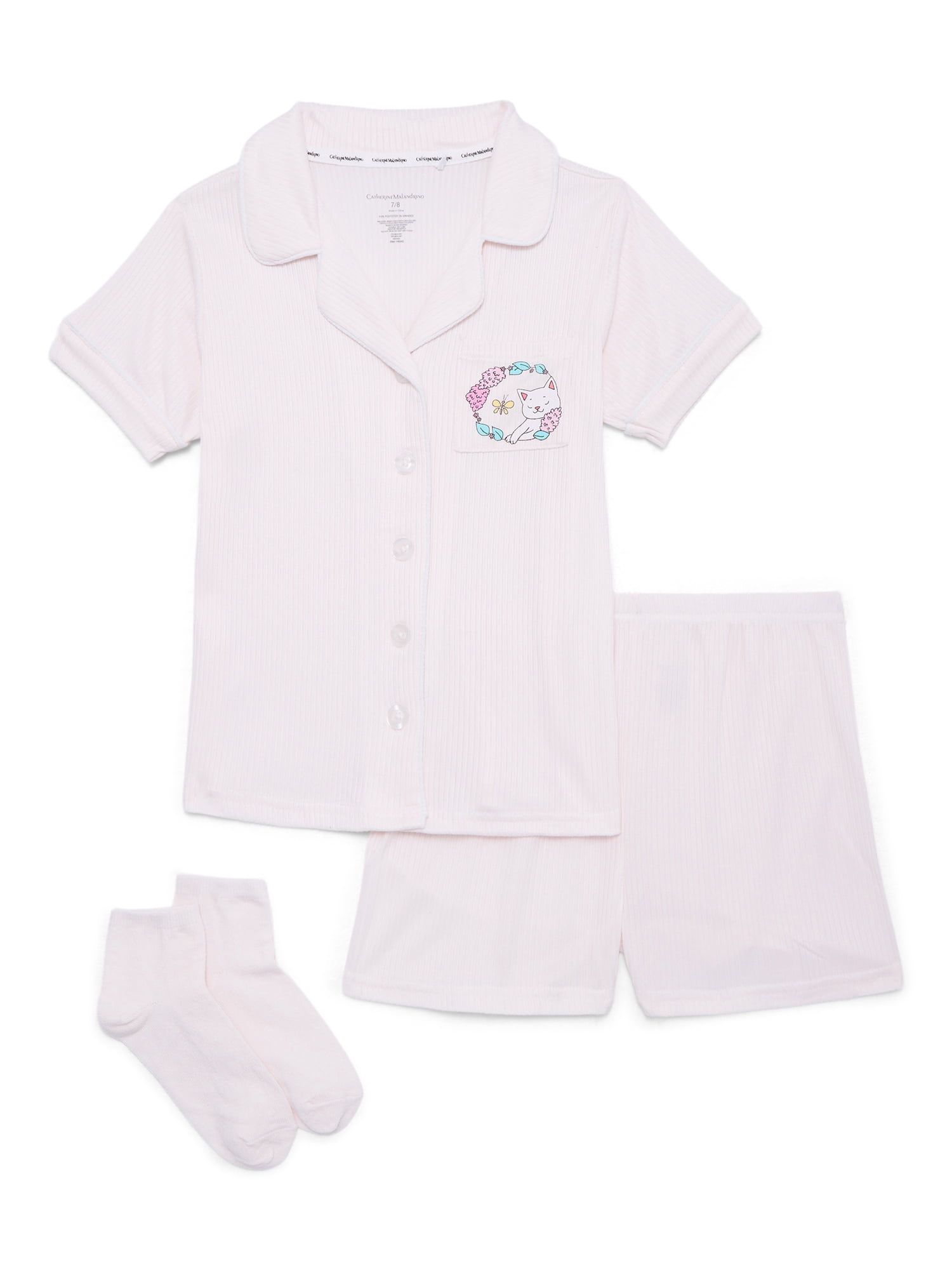 Catherine Malandrino Girls Ribbed Short Sleeve Top, Shorts and Socks Pajama Set, 3-Piece, Sizes 5-16
