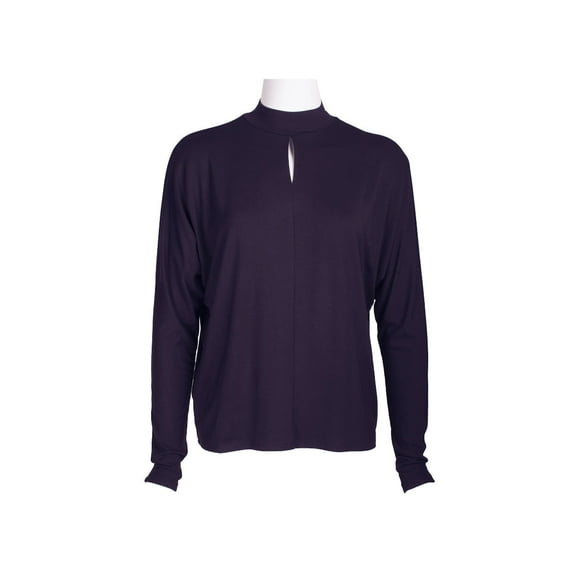 Catherine Malandrino High Neck Keyhole Front Long Sleeve Solid Knit Top-RICH EGGPLANT / S