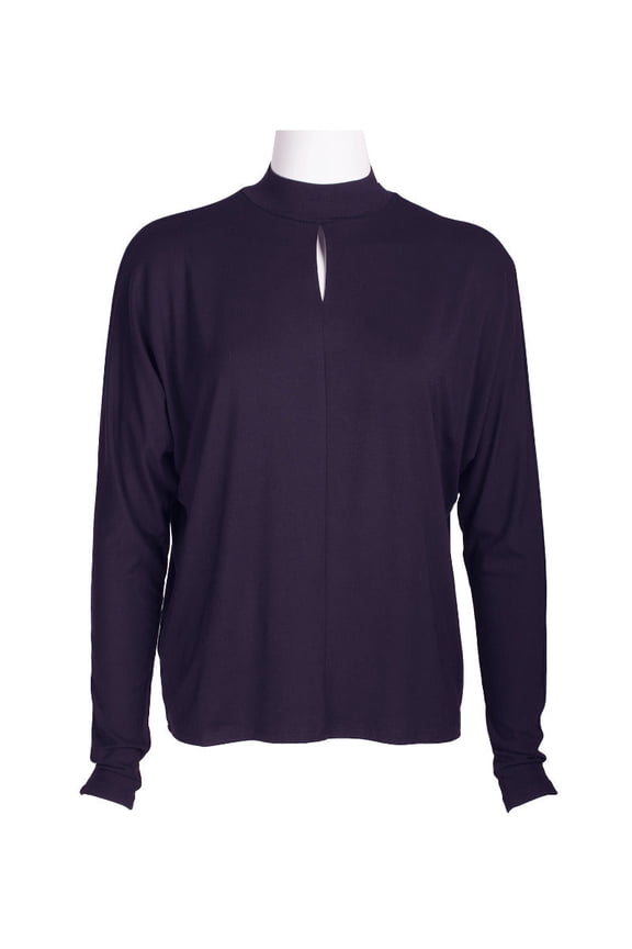High Neck Keyhole Front Long Sleeve Solid Knit Top-RICH EGGPLANT / XS