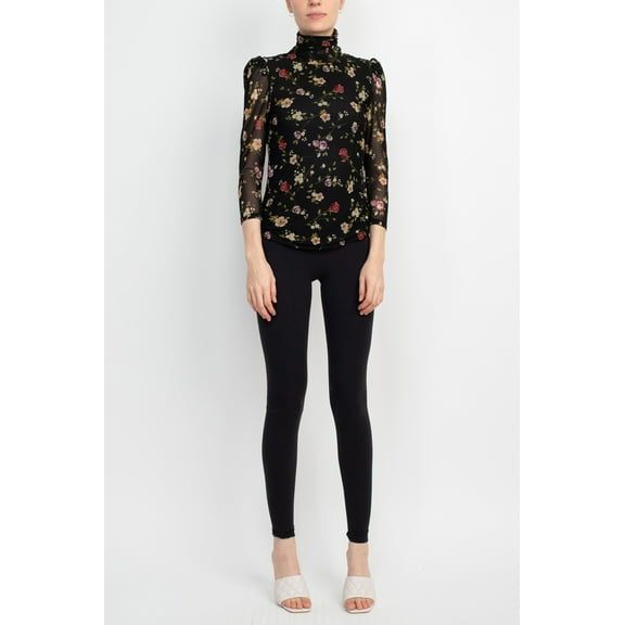 Catherine Malandrino Turtle Neck 3/4 Sleeves Top-FLORAL / XS