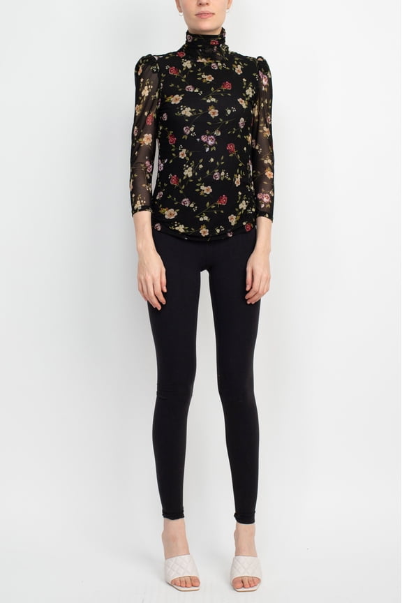 Turtle Neck 3/4 Sleeves Top-FLORAL / XS