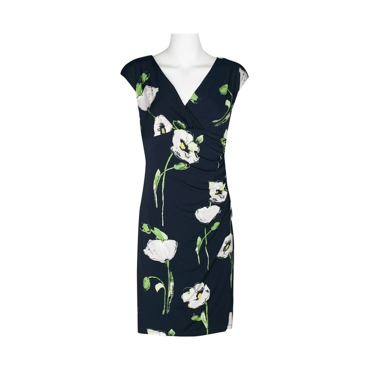 Catherine Malandrino V Neck Sleeveless Gathered Side Floral Print Jersey Dress NAVY FLORAL 4