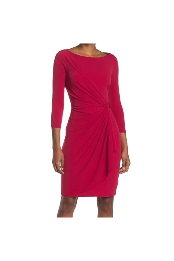 Women's 3/4 Sleeve Front Knot Sheath Dress - Crimson, Large