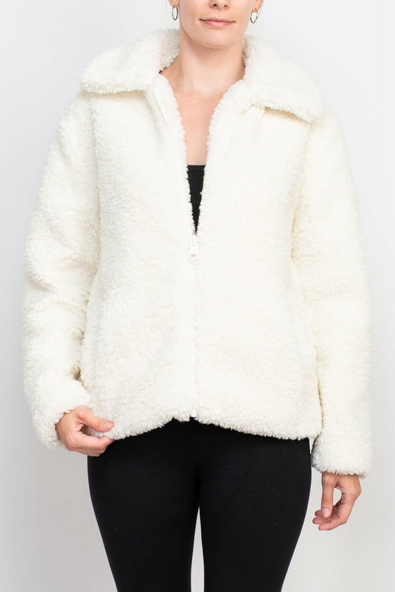 collared V-neck long sleeve zipper front faux fur jacket-POLAR BEAR / S