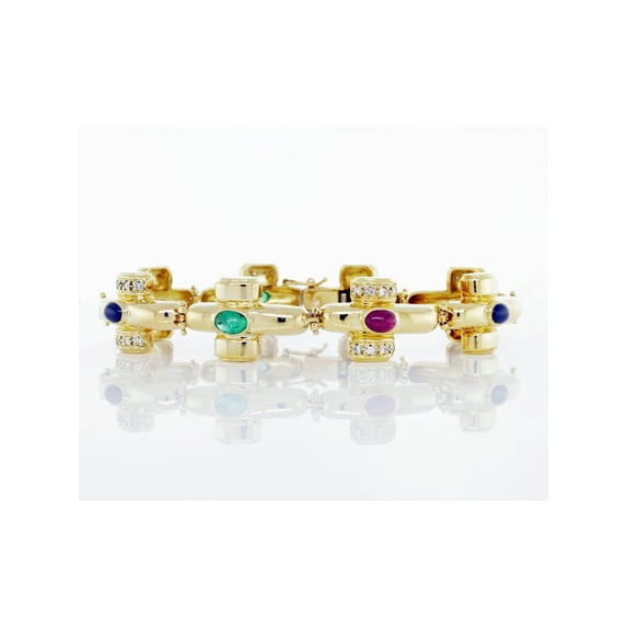 Catherine Mullen 18K Yellow Gold Link Emerald Ruby & Sapphire Bracelet