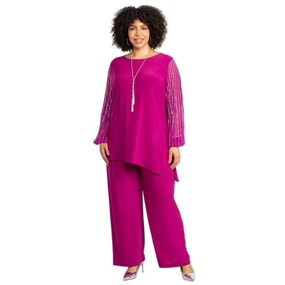 Catherines Women's Plus Size 2-Piece Beaded Mesh Sleeve Pant Suit