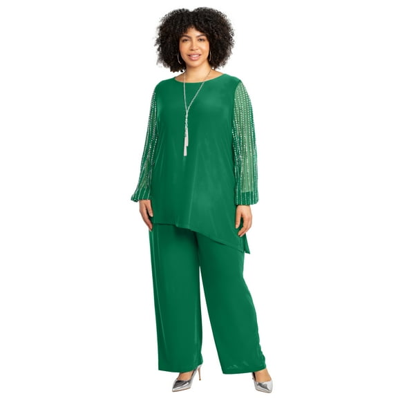 Catherines Women's Plus Size 2-Piece Beaded Mesh Sleeve Pant Suit