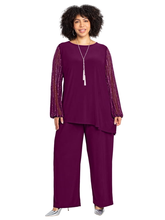 Women's Plus Size 2-Piece Beaded Mesh Sleeve Pant Set