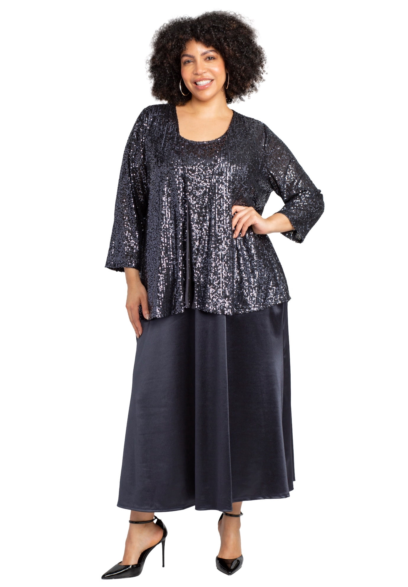 Catherines Women's Plus Size 2-Piece Sequin & Charmeuse Jacket Dress Set