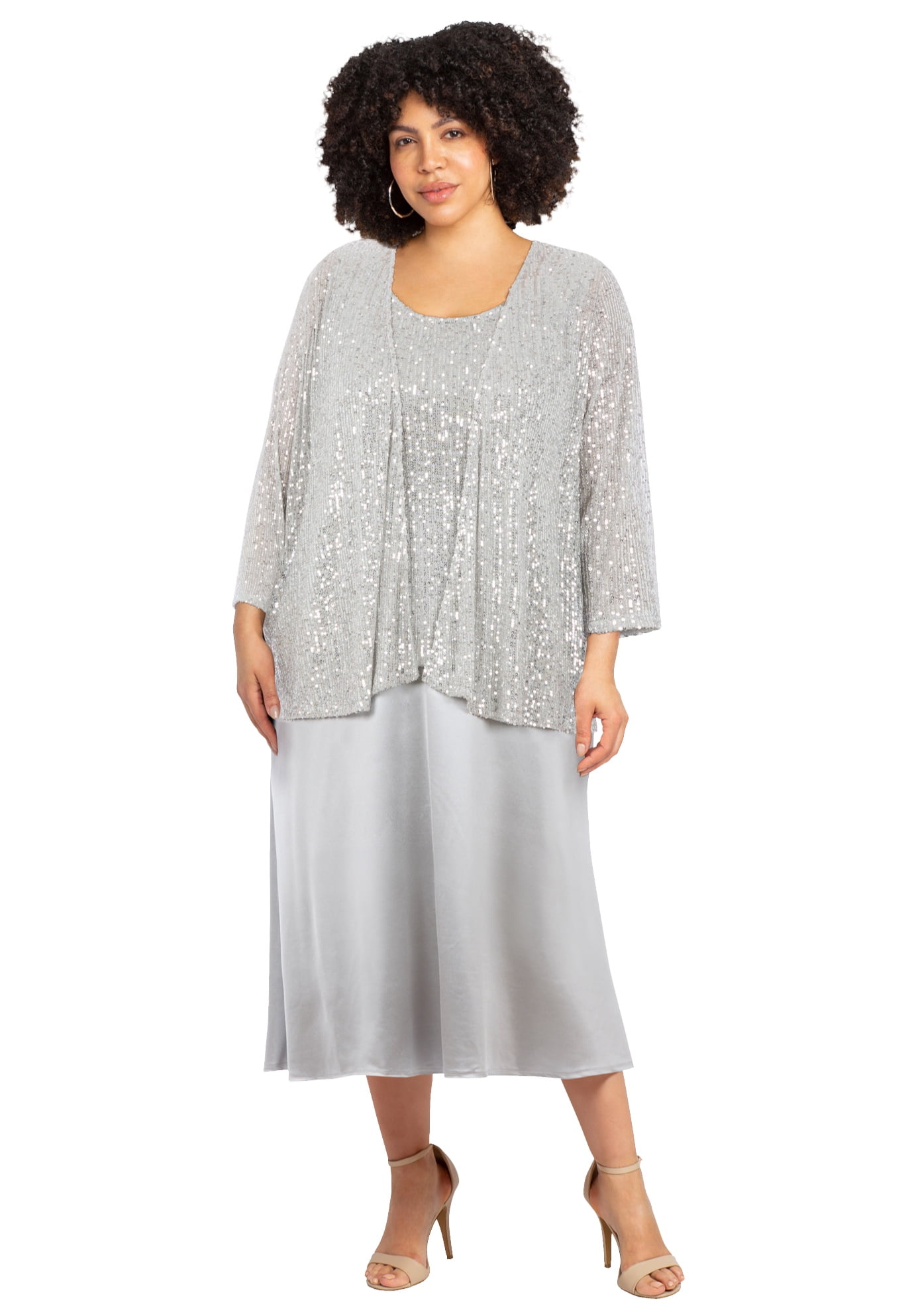 Catherines Women's Plus Size 2-Piece Sequin & Charmeuse Jacket Dress Set