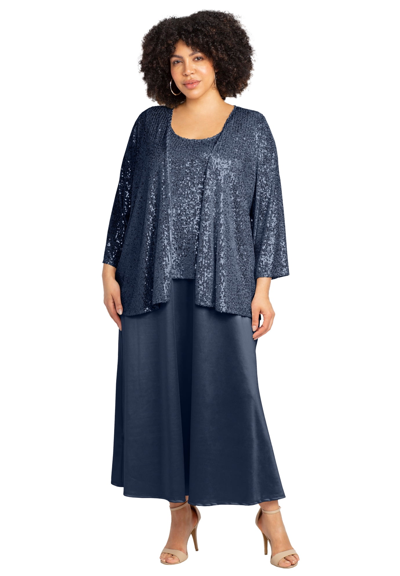 Catherines Women's Plus Size 2-Piece Sequin & Charmeuse Jacket Dress Set