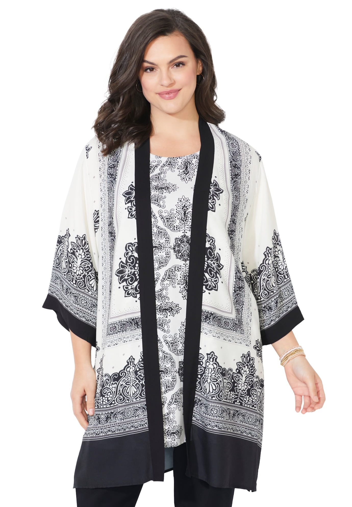 Catherines Women's Plus Size Alfresco Long Kimono - 5X, Black Medallion ...