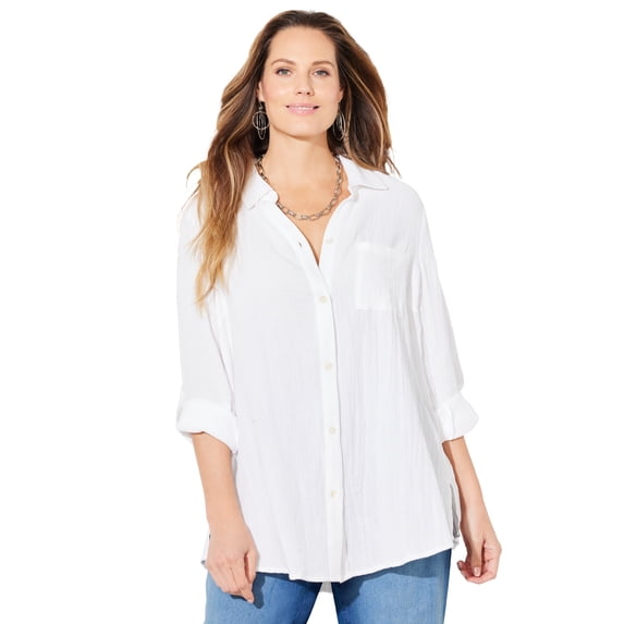 Catherines Women's Plus Size Anywear Pucker Cotton Buttonfront Roll Tab Shirt