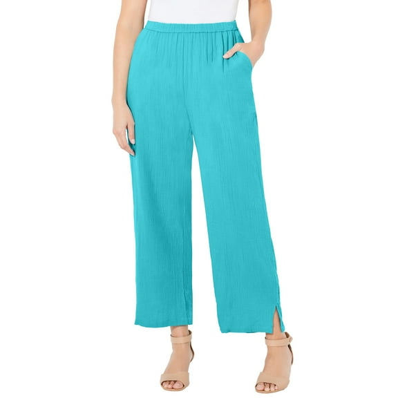 Catherines Women's Plus Size Anywear Pucker Cotton Wide Leg Pant