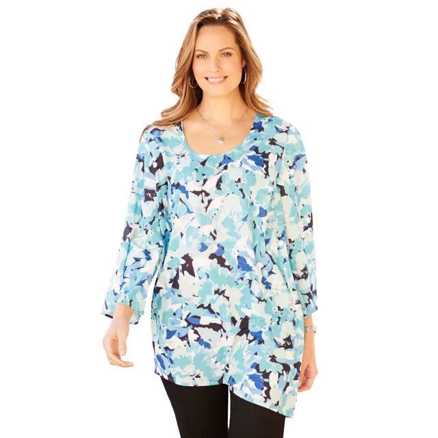 Catherines Women's Plus Size Art-To-Wear Blouse - 2X, Aqua Blue Floral ...