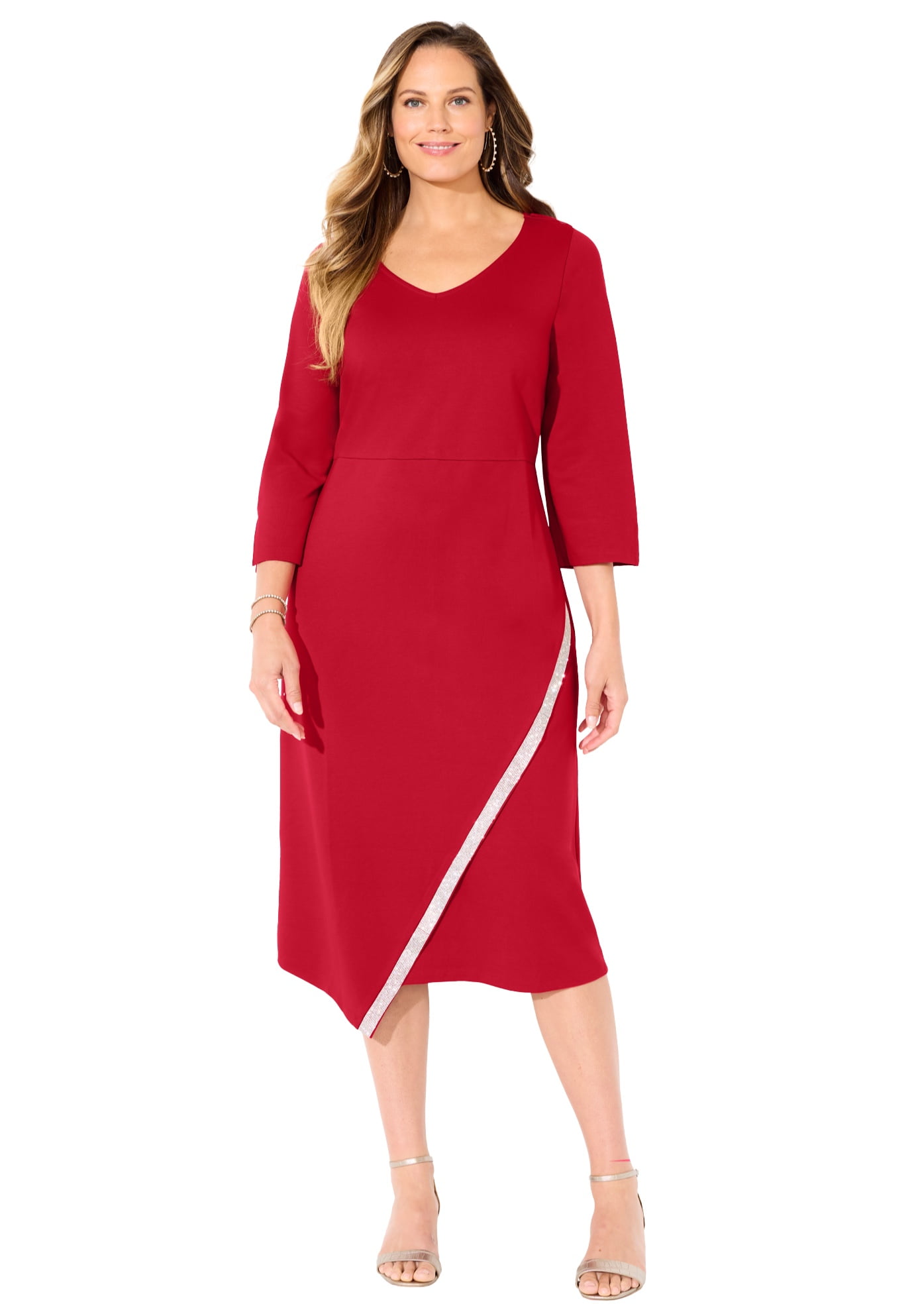 Catherines Women's Plus Size Asymmetrical Bell Sleeve Ponte Dress