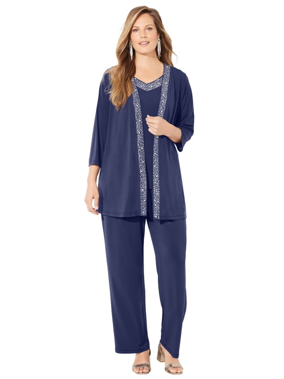 Women's Plus Size Beaded 3-Piece Cardigan Pant Suit