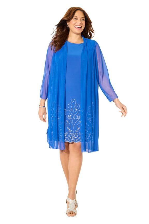 Women's Plus Size Beaded Trim Jacket Dress Set