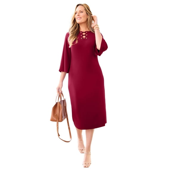Catherines Women's Plus Size Bell-Sleeve Lace-Up Shift Dress