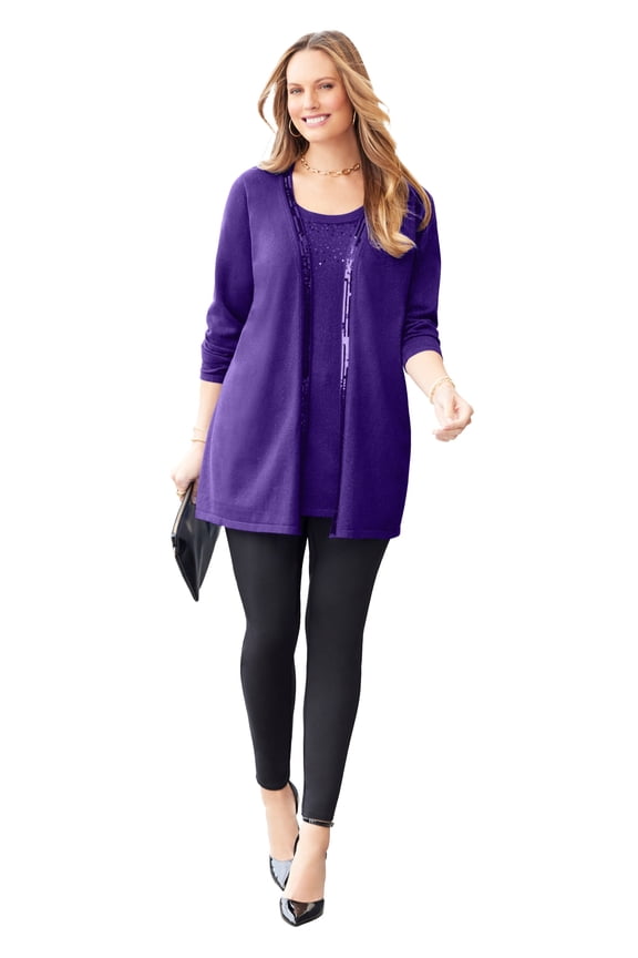 Women's Plus Size Sequin Trim Tank Cardigan Duet
