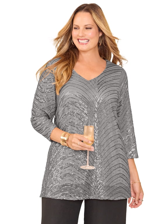 Women's Plus Size V-Neck Sequin Top