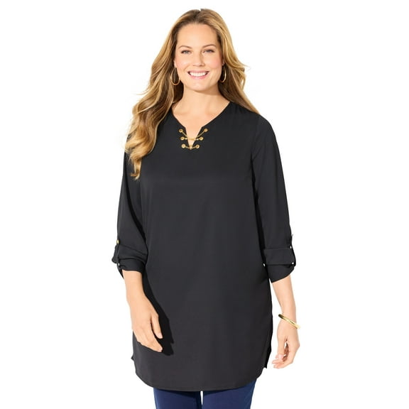 Catherines Women's Plus Size Chain Lace-Up V-Neck Tunic Blouse