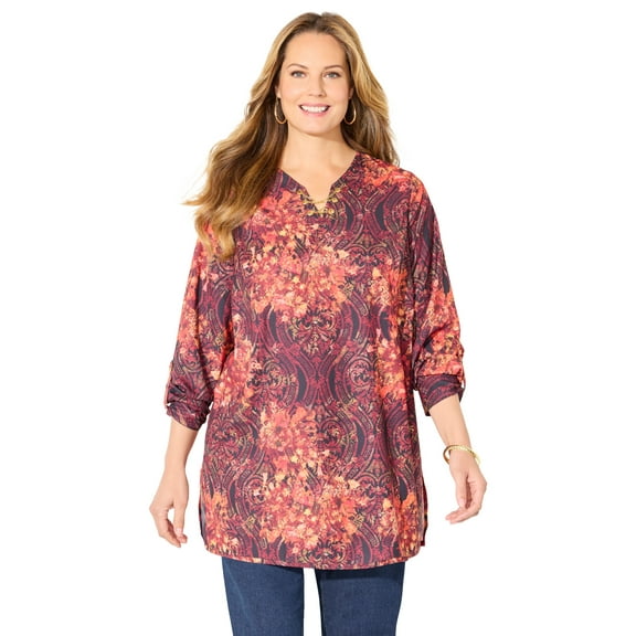 Catherines Women's Plus Size Chain Lace-Up V-Neck Tunic Blouse
