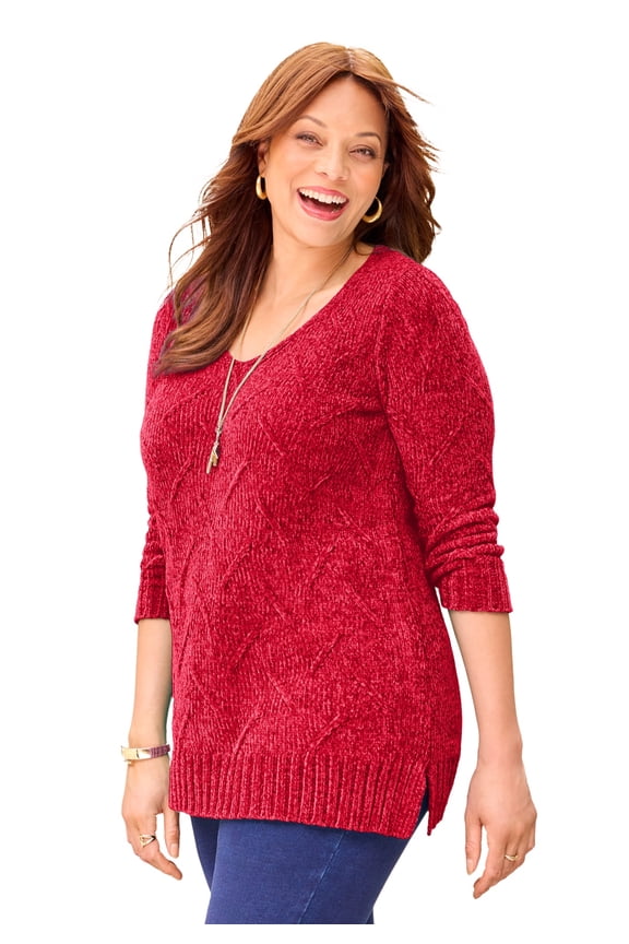 Women's Plus Size Chenille Pointelle V-Neck Pullover