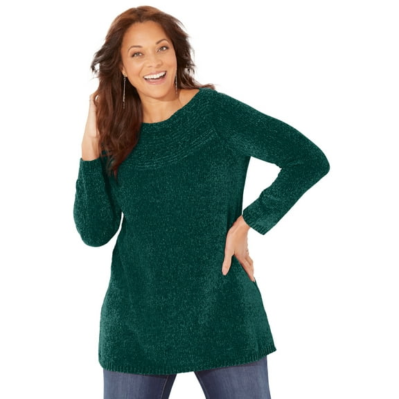 Catherines Women's Plus Size Chenille Cable-Knit Boatneck Sweater