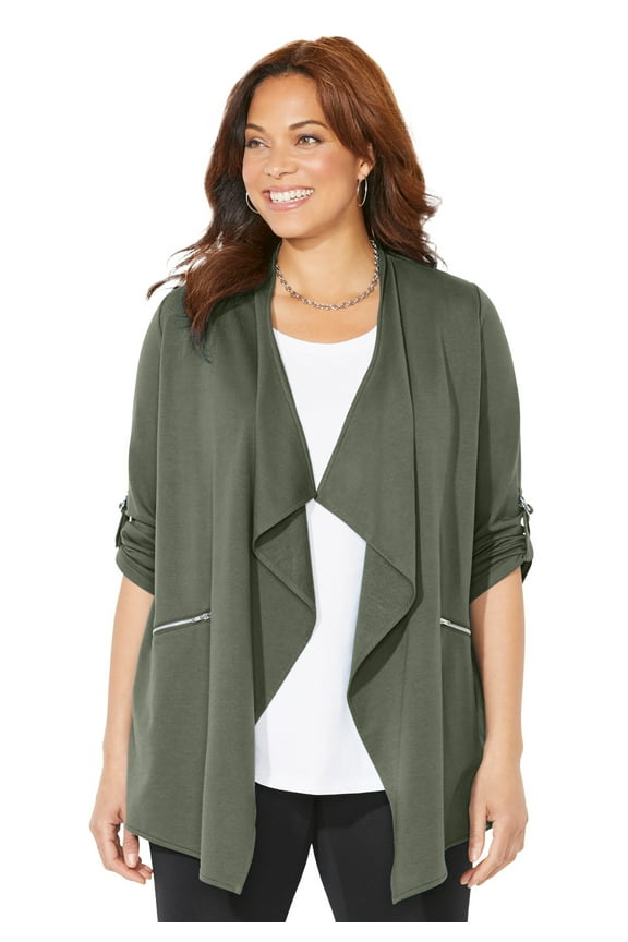 Women's Plus Size Cloud Knit French Terry Drape Front Cardigan
