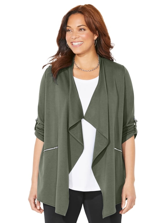 Women's Plus Size Cloud Knit French Terry Drape Front Cardigan
