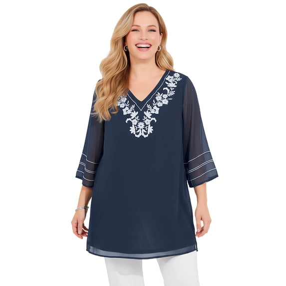 Catherines Women's Plus Size Crinkle Embroidered Tunic