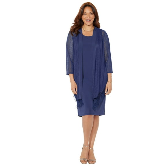 Catherines Women's Plus Size Crochet Fringe Jacket And Dress