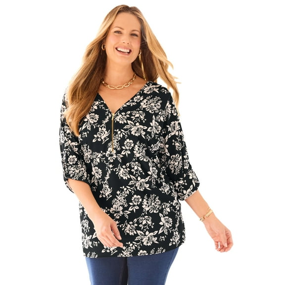 Catherines Women's Plus Size Dream Drape Zip V-Neck Top