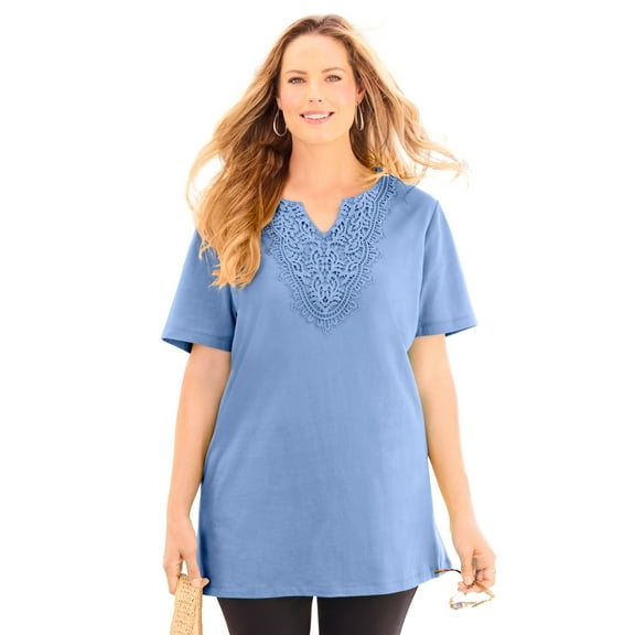 Catherines Women's Plus Size Easy Fit Embroidered Notch-Neck Tunic