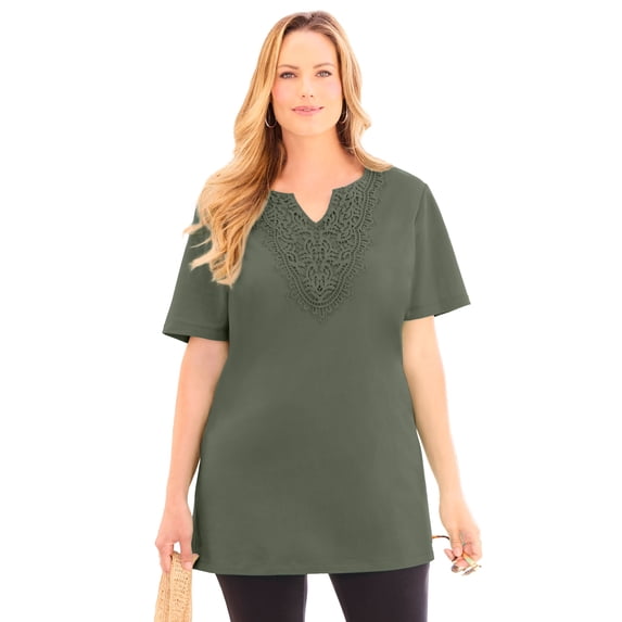 Catherines Women's Plus Size Easy Fit Embroidered Notch-Neck Tunic