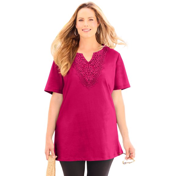 Catherines Women's Plus Size Easy Fit Embroidered Notch-Neck Tunic
