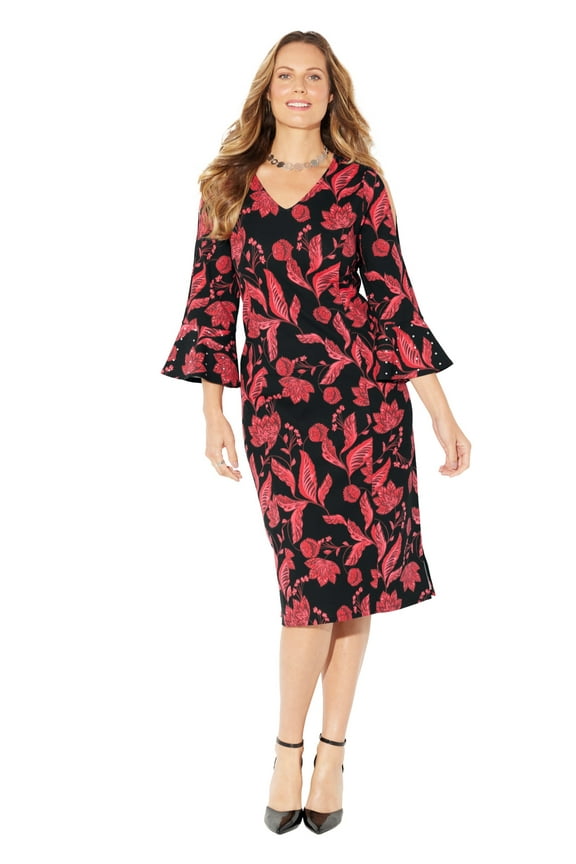 Women's Plus Size Embellished Cold Shoulder Ponte Dress