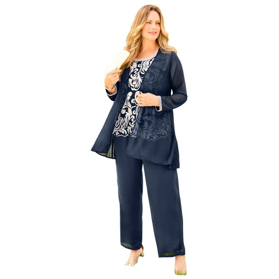 Catherines Women's Plus Size Embroidered 3-Piece Pant Suit