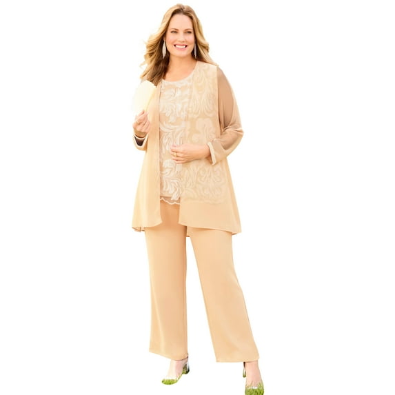 Catherines Women's Plus Size Embroidered 3-Piece Pant Suit