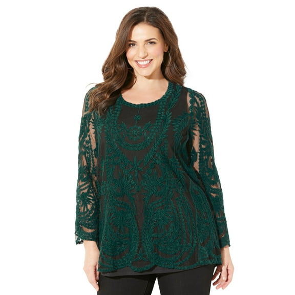 Catherines Women's Plus Size Embroidered Mesh Top