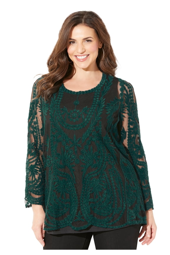 Women's Plus Size Embroidered Mesh Top