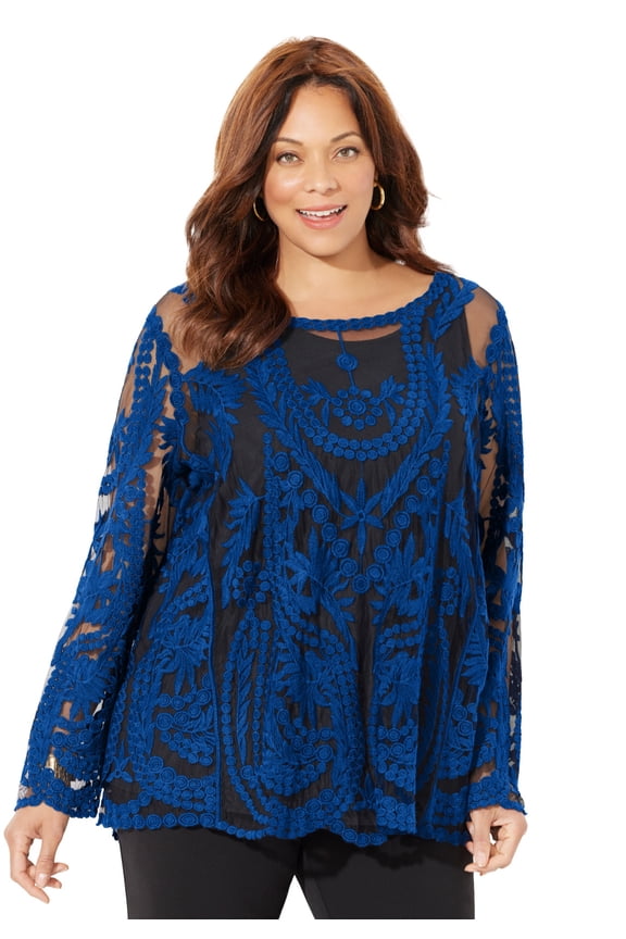 Women's Plus Size Embroidered Mesh Top