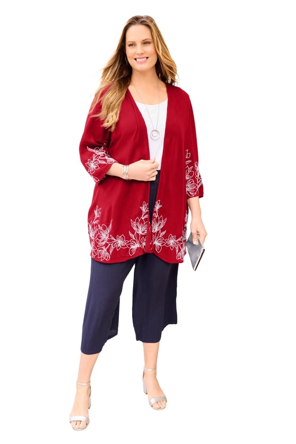 Women's Plus Size Gauze Embroidered Open-Front Jacket