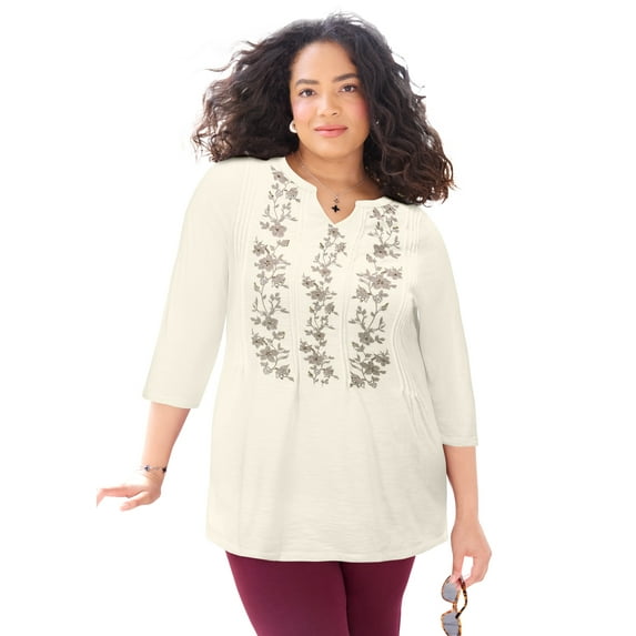 Catherines Women's Plus Size Embroidered Pintuck Tunic
