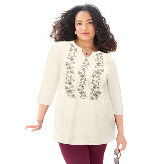Catherines Women's Plus Size Embroidered Pintuck Tunic