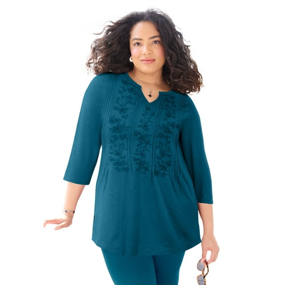 Catherines Women's Plus Size Embroidered Pintuck Tunic