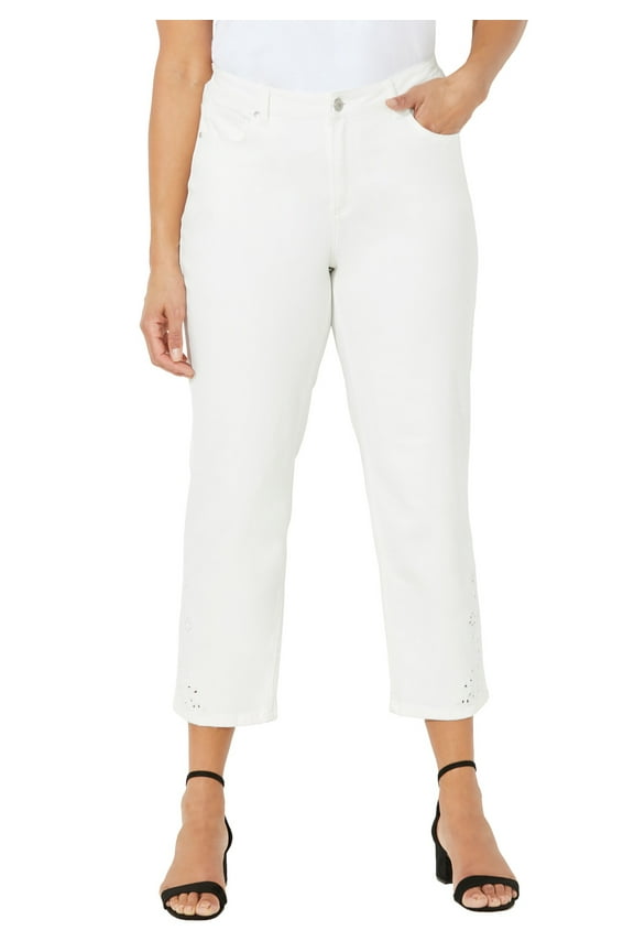 Women's Plus Size Eyelet Hem Straight Leg Capri