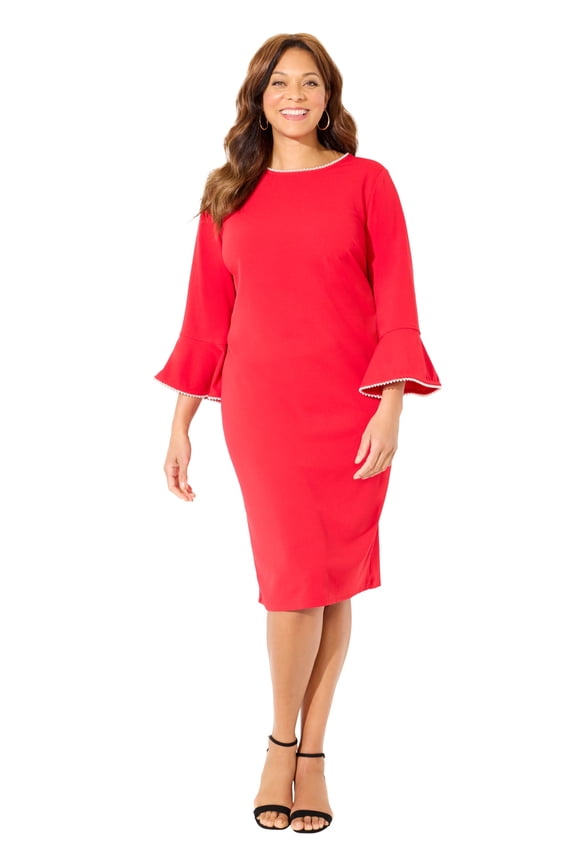 Women's Plus Size Faux Pearl Trim Ruffle Sleeve Shift Dress